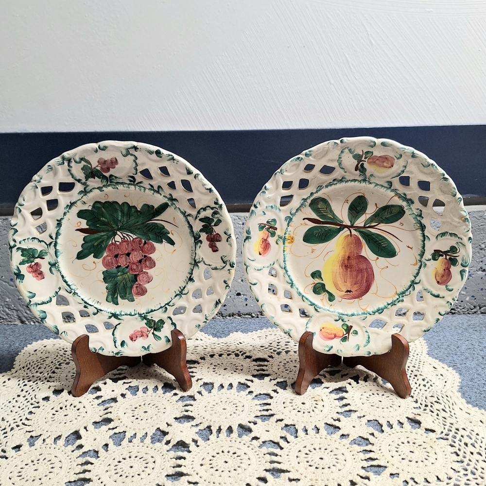 Vintage, Majolica Reticulated Pottery Cut-Out Fruit Plates, Set of 2 , Italian